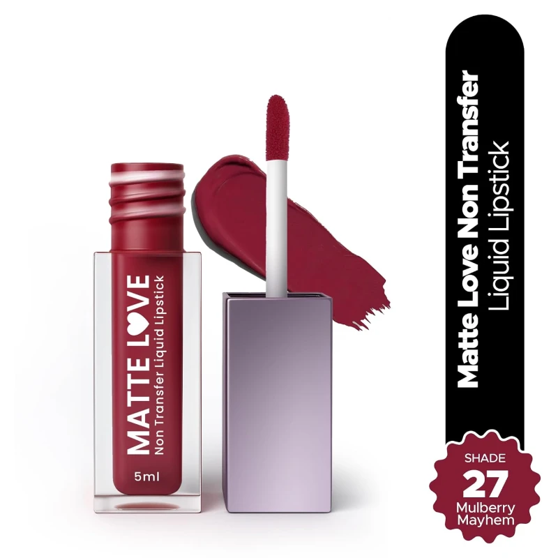 Hilary Rhoda Matte Love Non Transfer Liquid Lipstick | Lightweight & Matte Finish | Waterproof Lipstick for Women | Long Lasting & Non-Drying Lipstick | 5ml (Mulberry Mayhem - Shade 27) - Thumbnail 8
